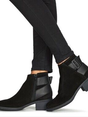 NEW! Clarks Memi Buckle Black Suede Booties Nubuck Wateeproof